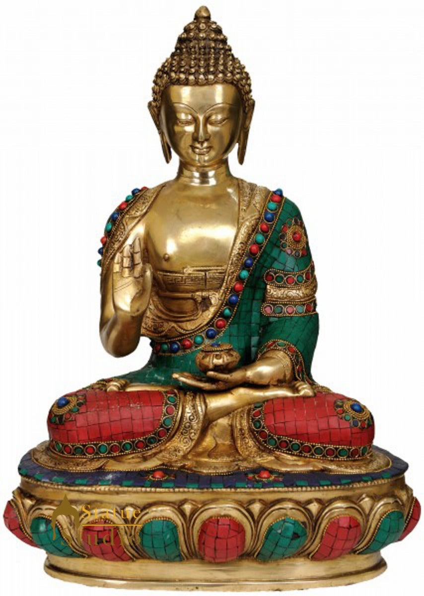 Brass Buddhist Deity Blessing Buddha Sitting On Base Inlay Work 18" - Image 3