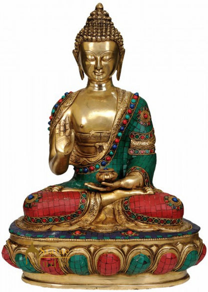 Brass Buddhist Deity Blessing Buddha Sitting On Base Inlay Work 18" by vendor-unknown - Buddha (View 3)