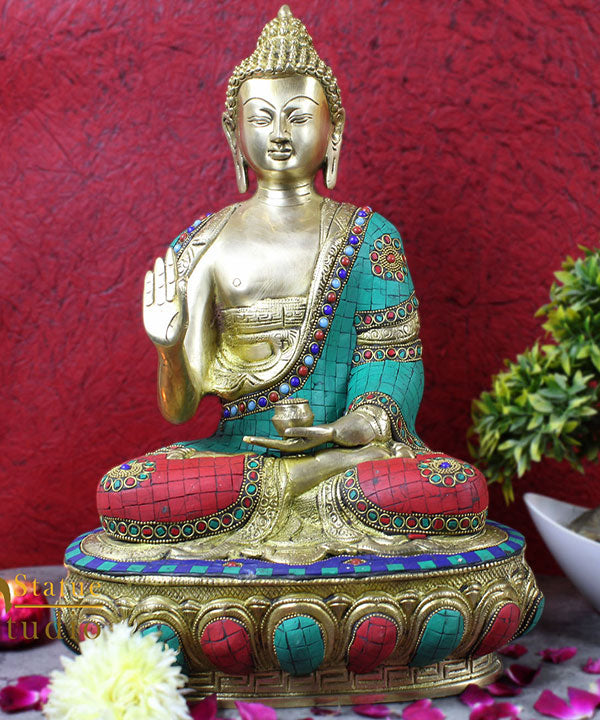 Brass Buddhist Deity Blessing Buddha Sitting On Base Inlay Work 18"