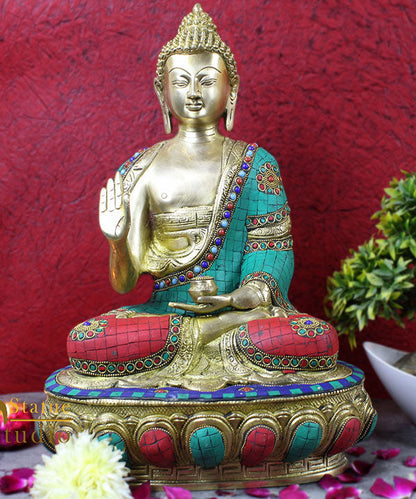 Brass Buddhist Deity Blessing Buddha Sitting On Base Inlay Work 18" by vendor-unknown - Buddha