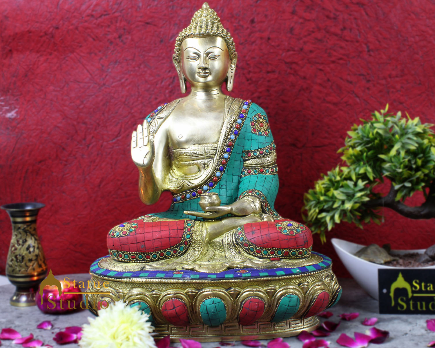 Brass Buddhist Deity Blessing Buddha Sitting On Base Inlay Work 18" - Image 2