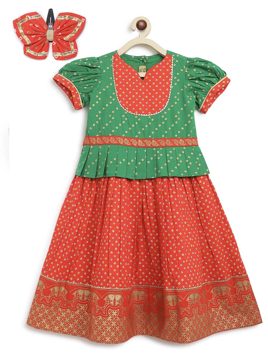 Girl Bandhani Pattu Pavdai-Green - Image 4