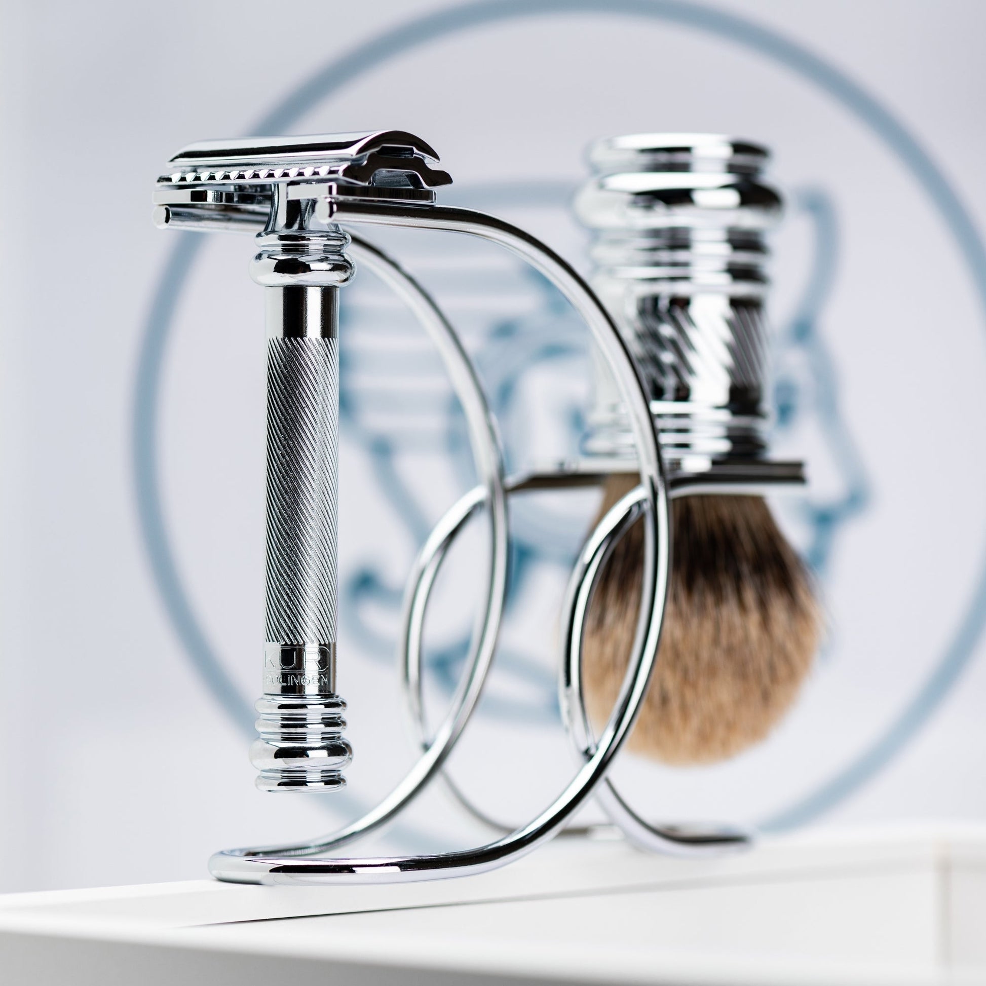 Merkur Shaving Set with MK-38001 Razor, Silver Tip Badger Brush and Curved 3-piece Stand, Chrome - Eco-friendly - Sama Homes