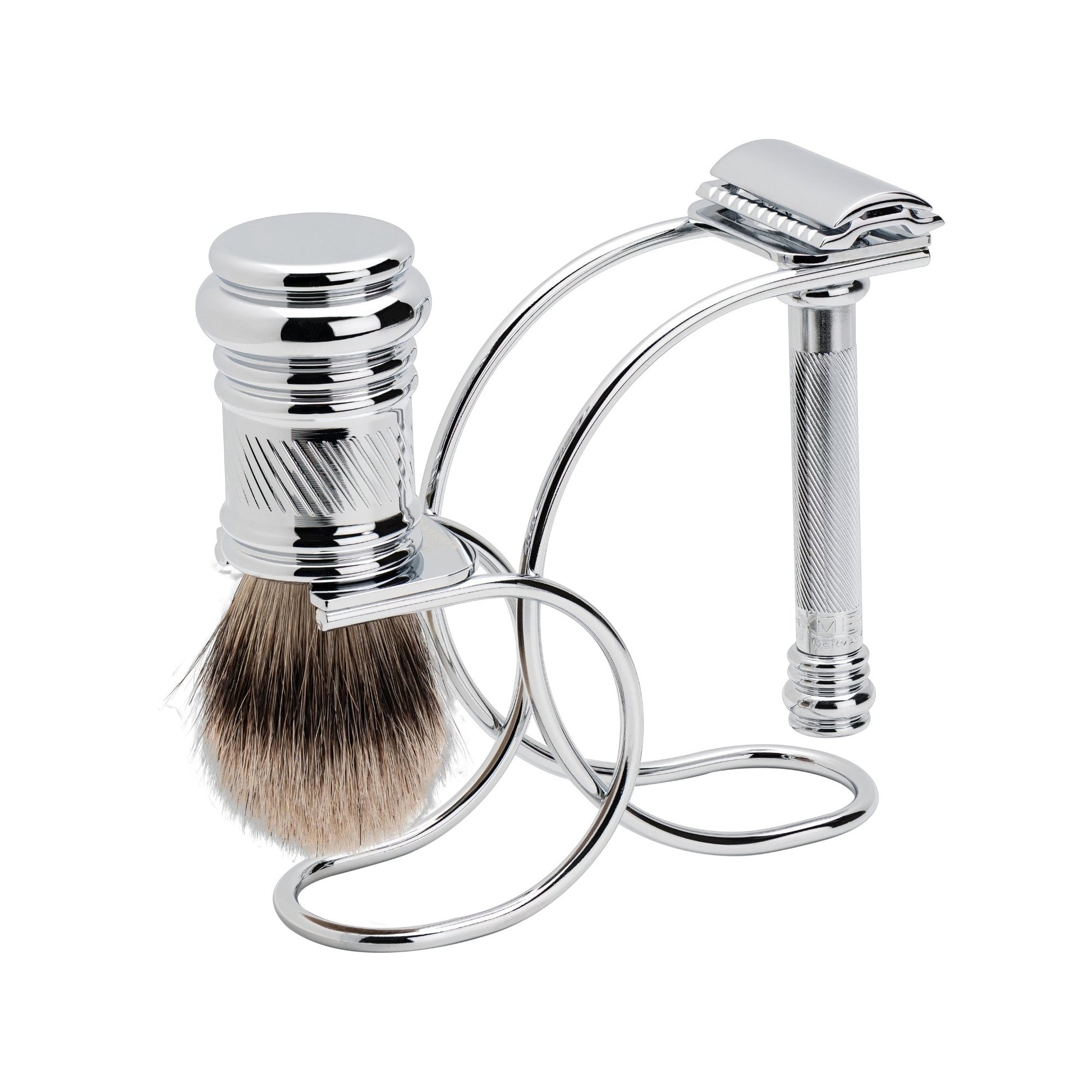 Merkur Shaving Set with MK-38001 Razor, Silver Tip Badger Brush and Curved 3-piece Stand, Chrome - Image 3