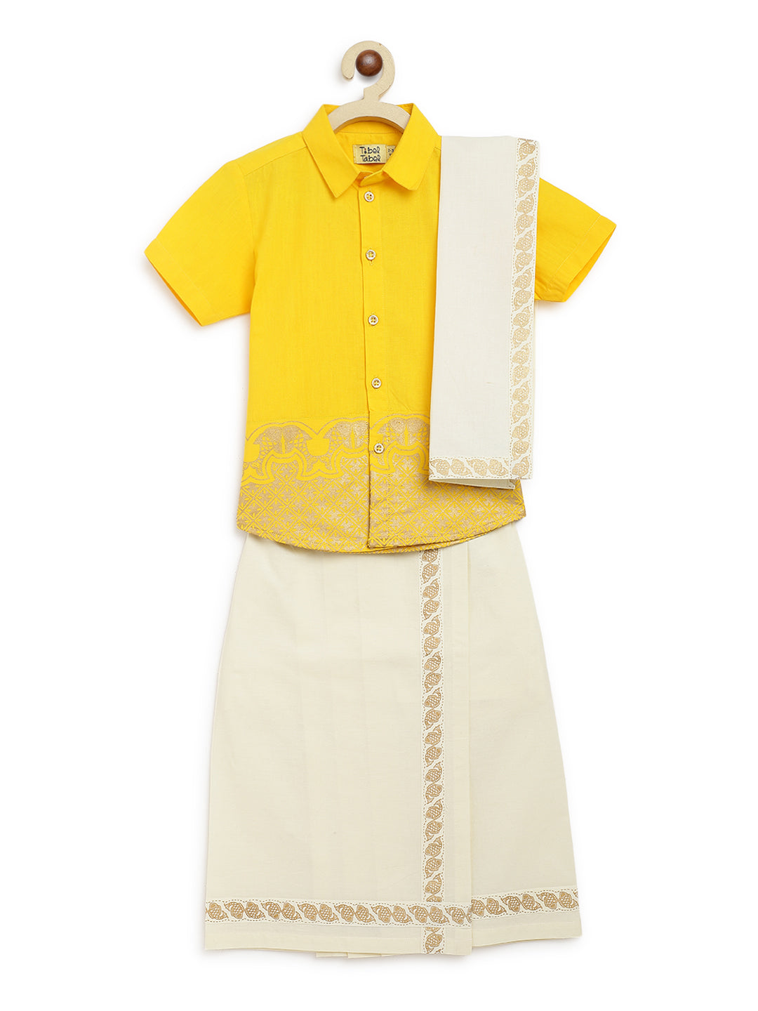 3 Pc Mundu Dhoti Shirt Set-Yellow - Image 3