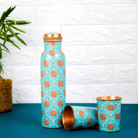 Exclusive Flower Designed Pure Copper Bottle with 2 Glasses Set of 3 Capacity 1450 ML – Sama Homes