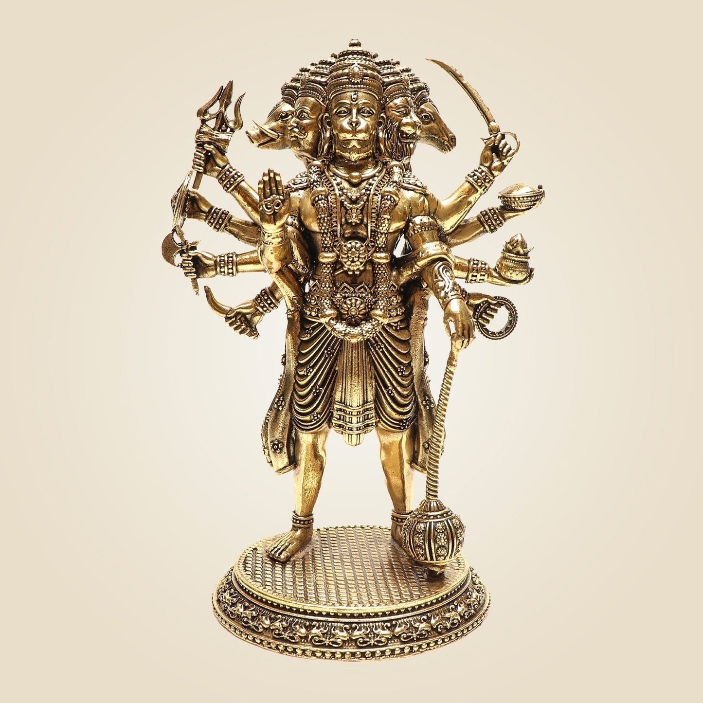 Image of Standing Brass Panchmukhi Hanuman Idol – 8 Face Arms Powerful Protective Murti - 8" | This Standing Brass | Premium Brass & Wood Decor | Sama Homes