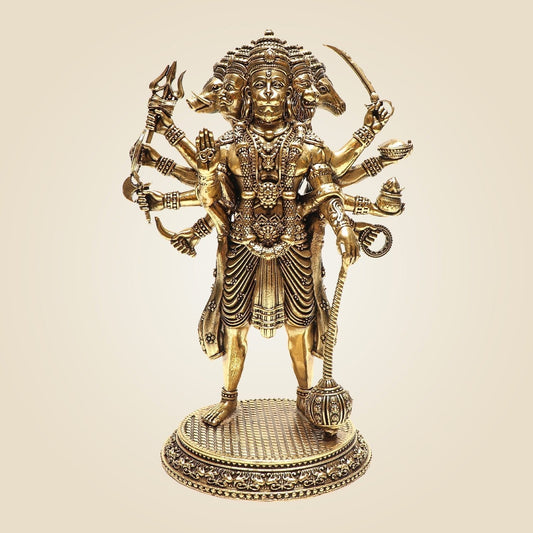 Image of Standing Brass Panchmukhi Hanuman Idol – 8 Face Arms Powerful Protective Murti - 8" | This Standing Brass | Premium Brass & Wood Decor | Sama Homes