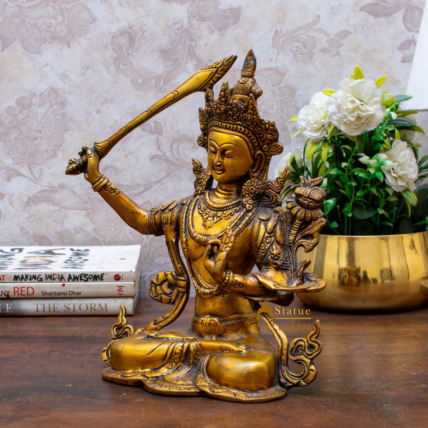 Brass Buddhism Goddess Manjushri Statue For Home Docor Showpiece 11" - Image 3