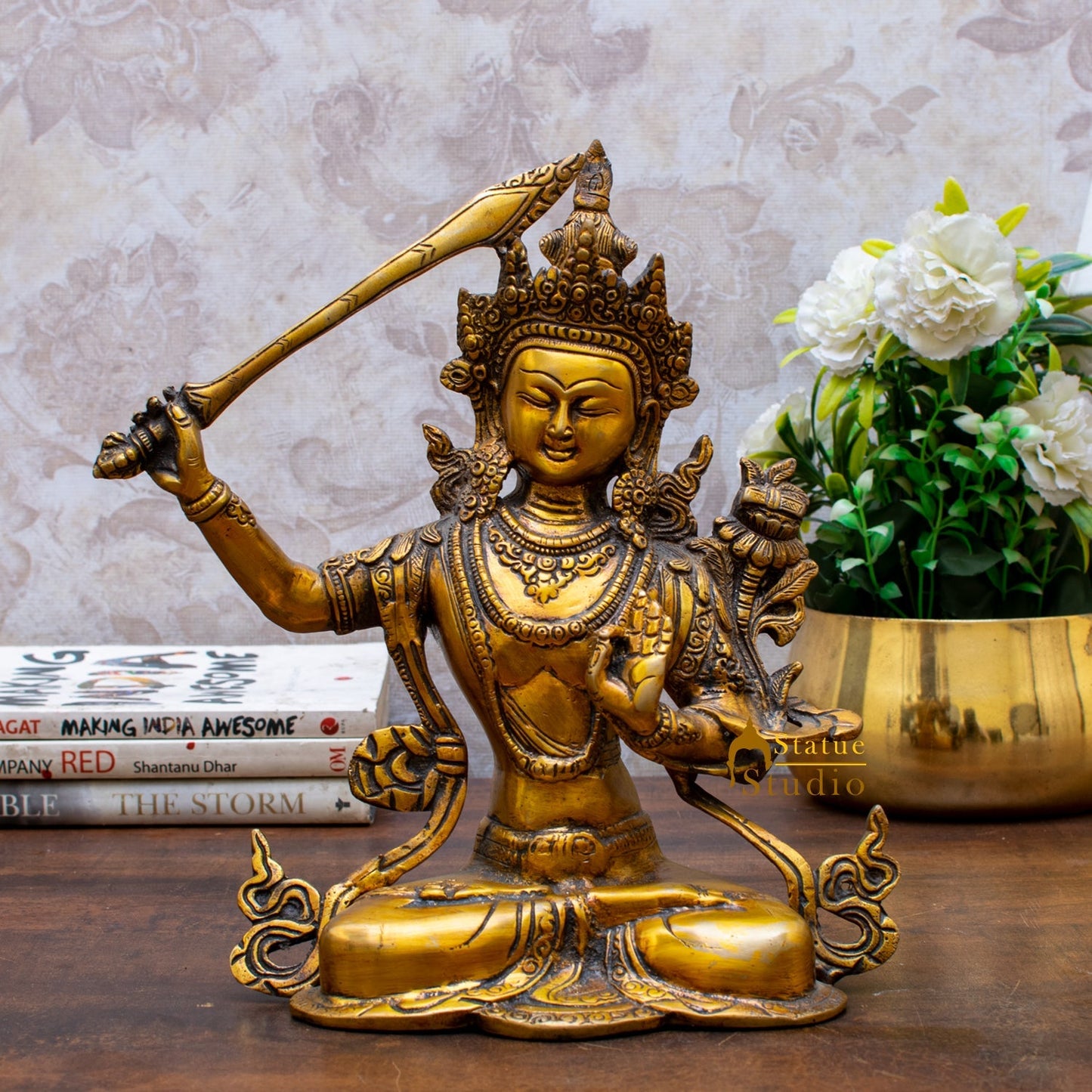 Brass Buddhism Goddess Manjushri Statue For Home Docor Showpiece 11"
