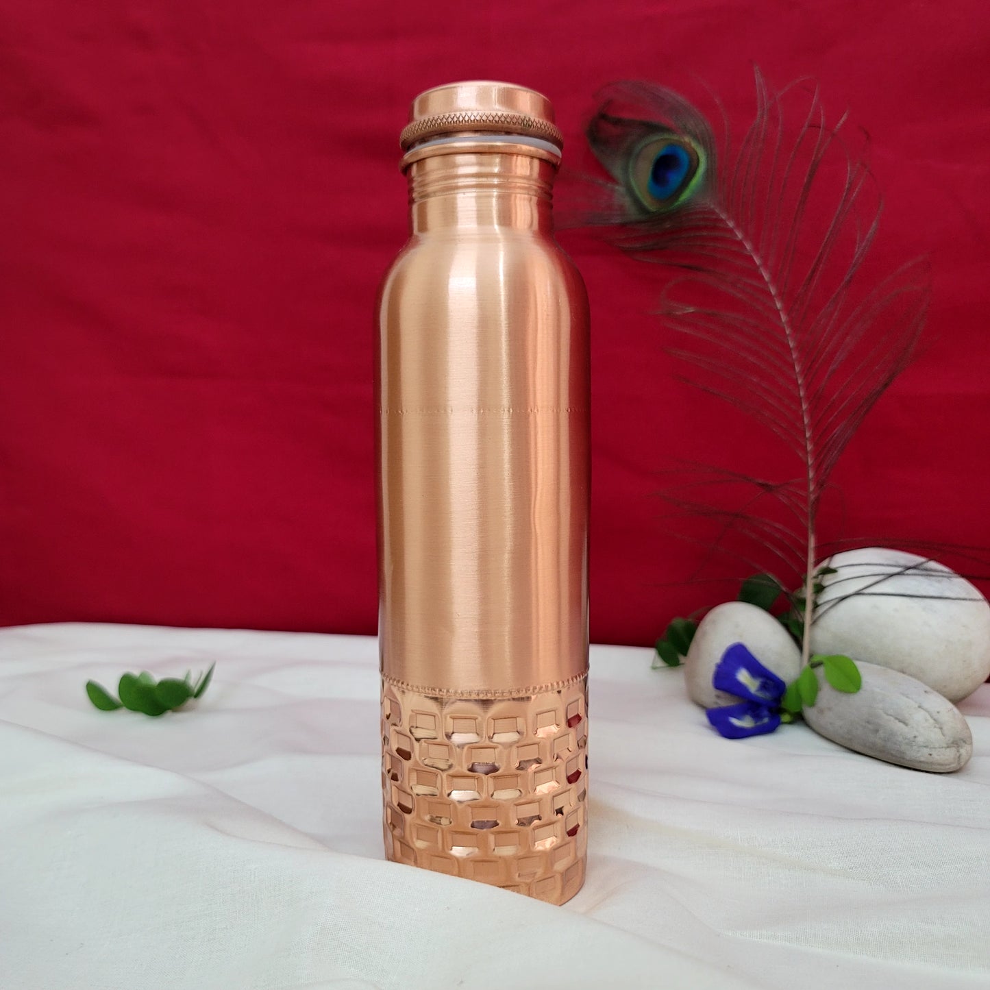 100% Pure Certified Copper Water Bottle – Half Hammered Design (950ML)