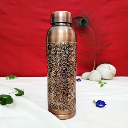 Pure Copper Water Bottle Milton Antique Engraved Design Capacity 1 Litre