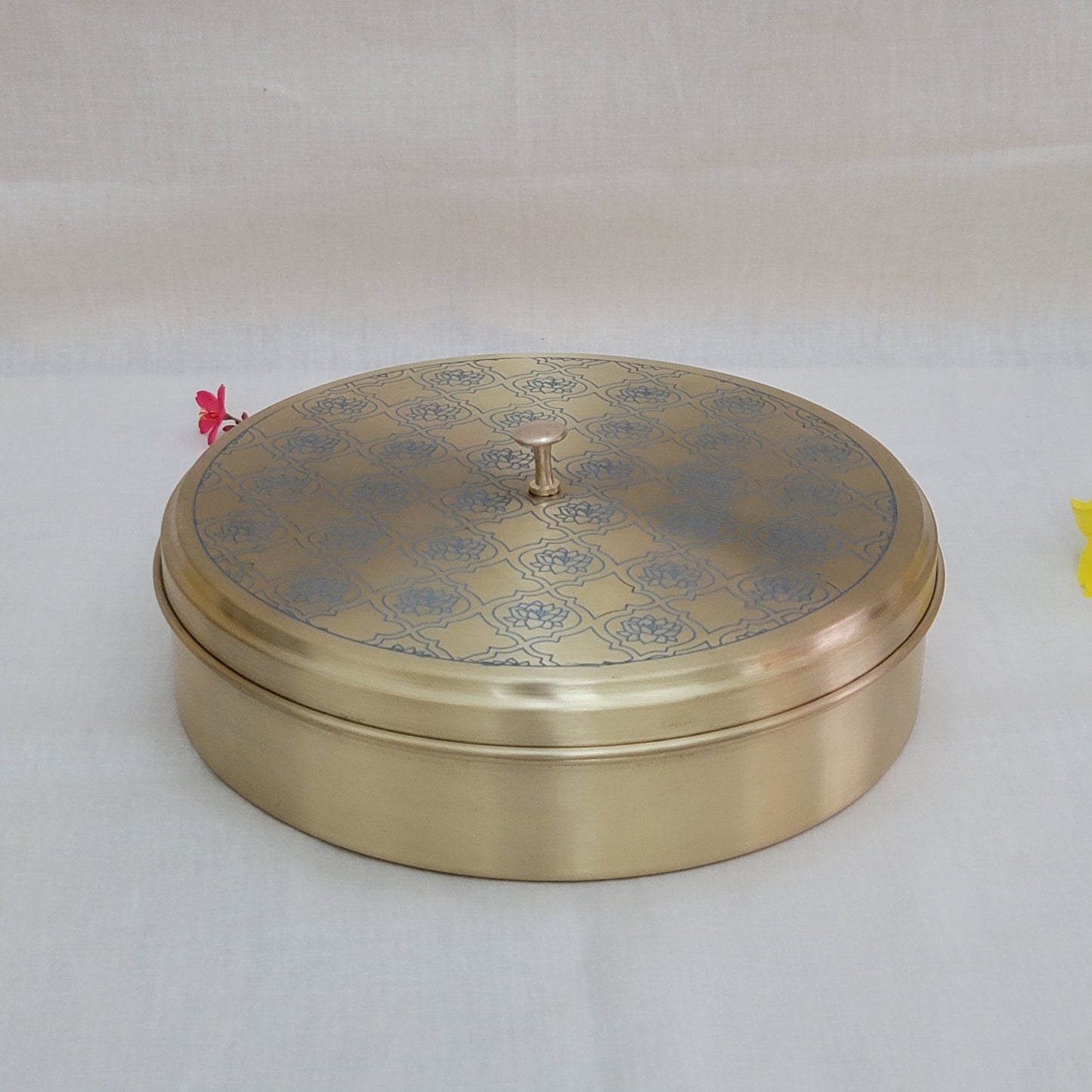 Handcrafted Blue Lotus  Design Spice Box | Elegant Etched Brass | 7 Compartments | 7-9 Inches | Kitchen Storage