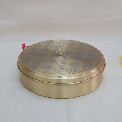 Handcrafted Blue Lotus  Design Spice Box | Elegant Etched Brass | 7 Compartments | 7-9 Inches | Kitchen Storage