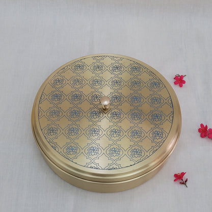 Handcrafted Blue Lotus  Design Spice Box | Elegant Etched Brass | 7 Compartments | 7-9 Inches | Kitchen Storage