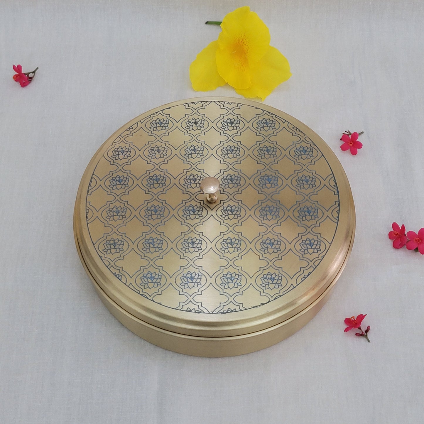 Handcrafted Blue Lotus  Design Spice Box | Elegant Etched Brass | 7 Compartments | 7-9 Inches | Kitchen Storage