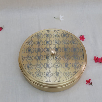 Handcrafted Blue Lotus  Design Spice Box | Elegant Etched Brass | 7 Compartments | 7-9 Inches | Kitchen Storage