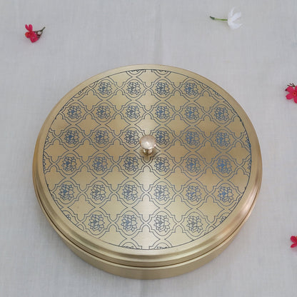 Handcrafted Blue Lotus  Design Spice Box | Elegant Etched Brass | 7 Compartments | 7-9 Inches | Kitchen Storage