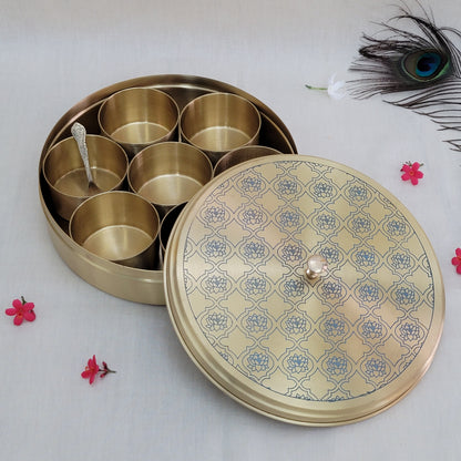 Handcrafted Blue Lotus  Design Spice Box | Elegant Etched Brass | 7 Compartments | 7-9 Inches | Kitchen Storage