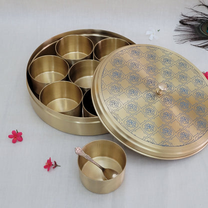 Handcrafted Blue Lotus  Design Spice Box | Elegant Etched Brass | 7 Compartments | 7-9 Inches | Kitchen Storage