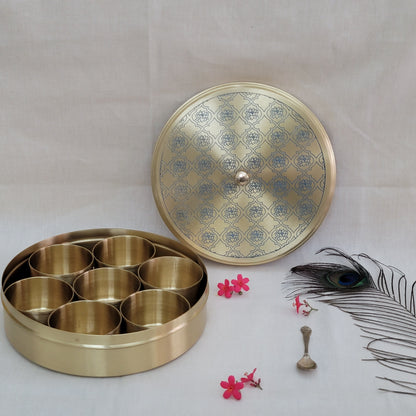 Handcrafted Blue Lotus  Design Spice Box | Elegant Etched Brass | 7 Compartments | 7-9 Inches | Kitchen Storage