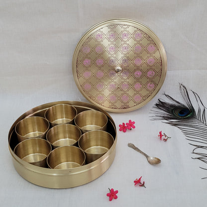 Handcrafted Red Lotus  Design Spice Box | Elegant Etched Brass | 7 Compartments | 7-9 Inches | Kitchen Storage