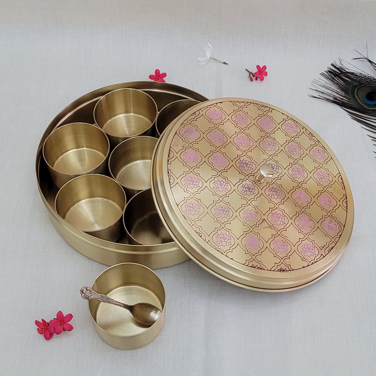 Handcrafted Red Lotus  Design Spice Box | Elegant Etched Brass | 7 Compartments | 7-9 Inches | Kitchen Storage