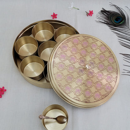 Handcrafted Red Lotus  Design Spice Box | Elegant Etched Brass | 7 Compartments | 7-9 Inches | Kitchen Storage