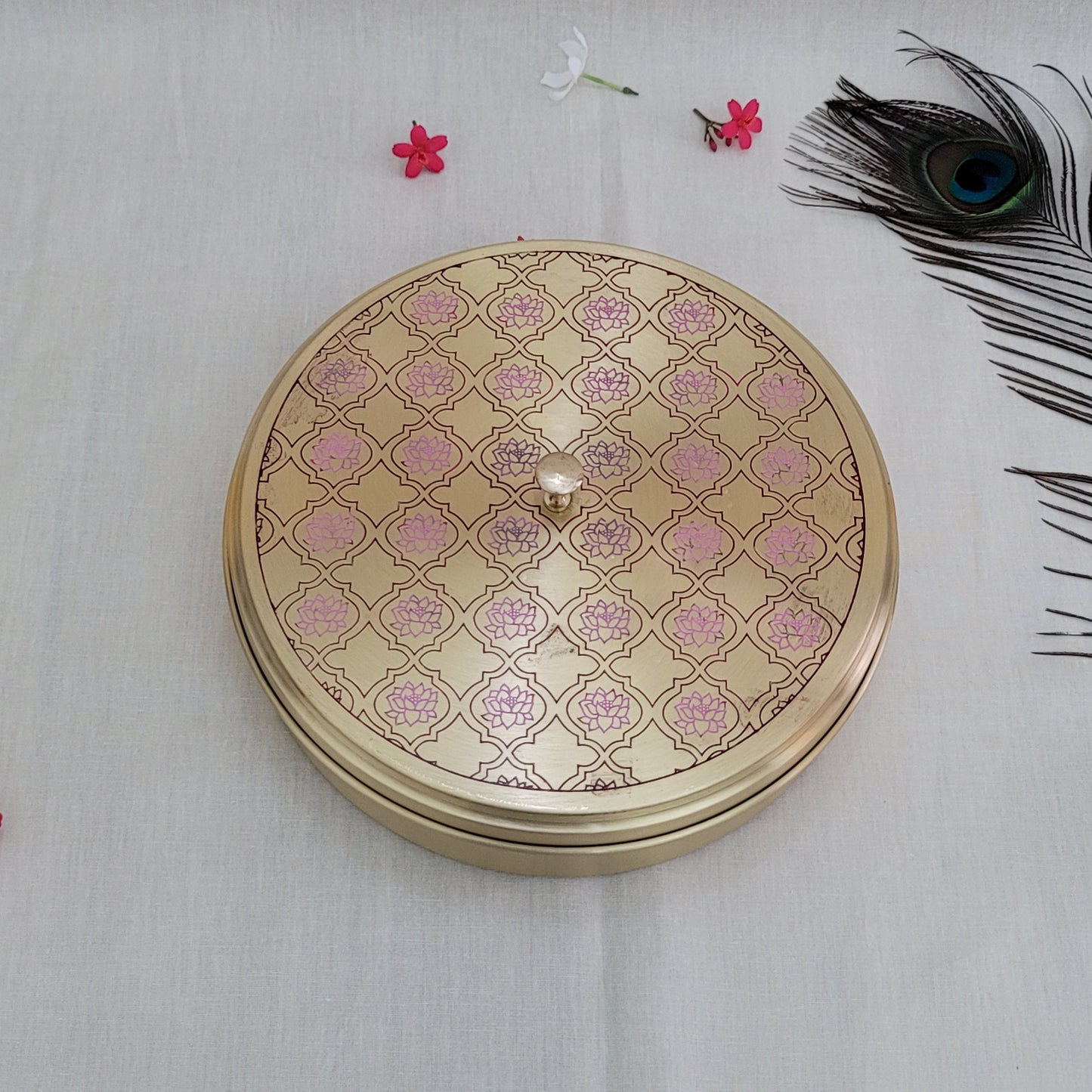 Handcrafted Red Lotus  Design Spice Box | Elegant Etched Brass | 7 Compartments | 7-9 Inches | Kitchen Storage