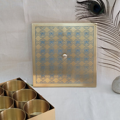 Handcrafted Brass Etched 9 Inches Square Spice Box Blue Lotus Design | 9 Removable Bowls | Handmade Antique Brass Spice Box with Spoon | Kitchen Storage