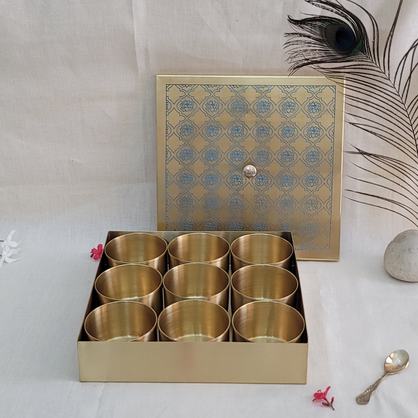 Handcrafted Brass Etched 9 Inches Square Spice Box Blue Lotus Design | 9 Removable Bowls | Handmade Antique Brass Spice Box with Spoon | Kitchen Storage