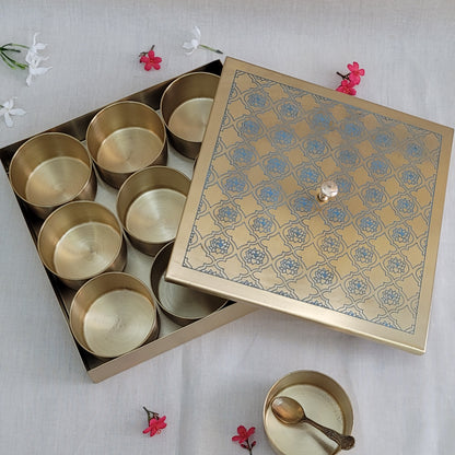 Handcrafted Brass Etched 9 Inches Square Spice Box Blue Lotus Design | 9 Removable Bowls | Handmade Antique Brass Spice Box with Spoon | Kitchen Storage