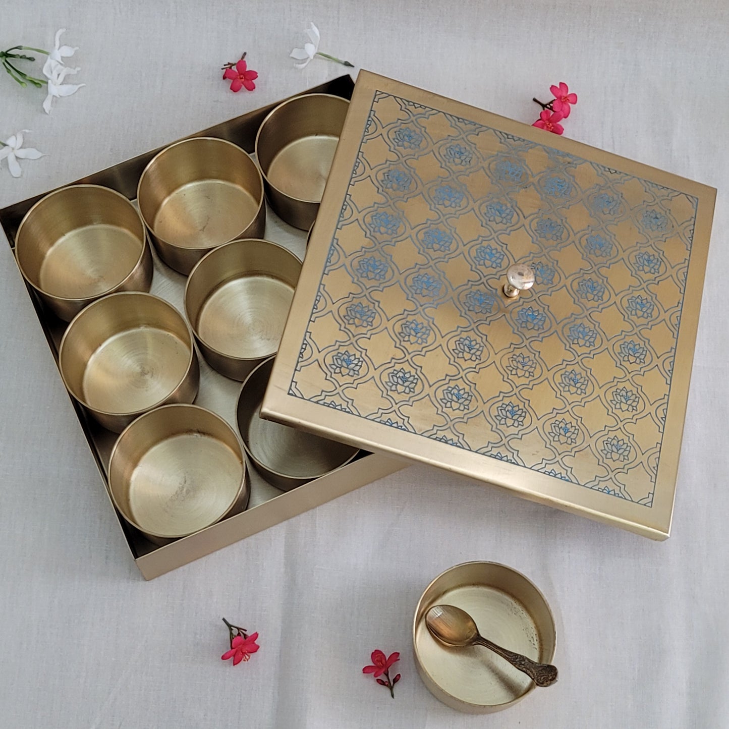 Handcrafted Brass Etched 9 Inches Square Spice Box Blue Lotus Design | 9 Removable Bowls | Handmade Antique Brass Spice Box with Spoon | Kitchen Storage