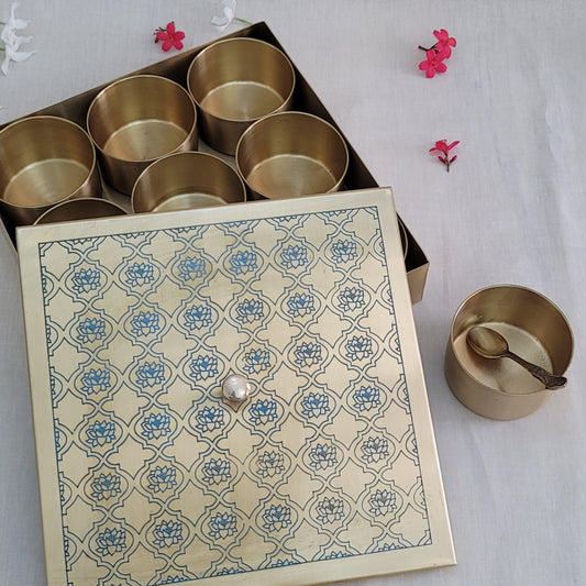 Handcrafted Brass Etched 9 Inches Square Spice Box Blue Lotus Design | 9 Removable Bowls | Handmade Antique Brass Spice Box with Spoon | Kitchen Storage