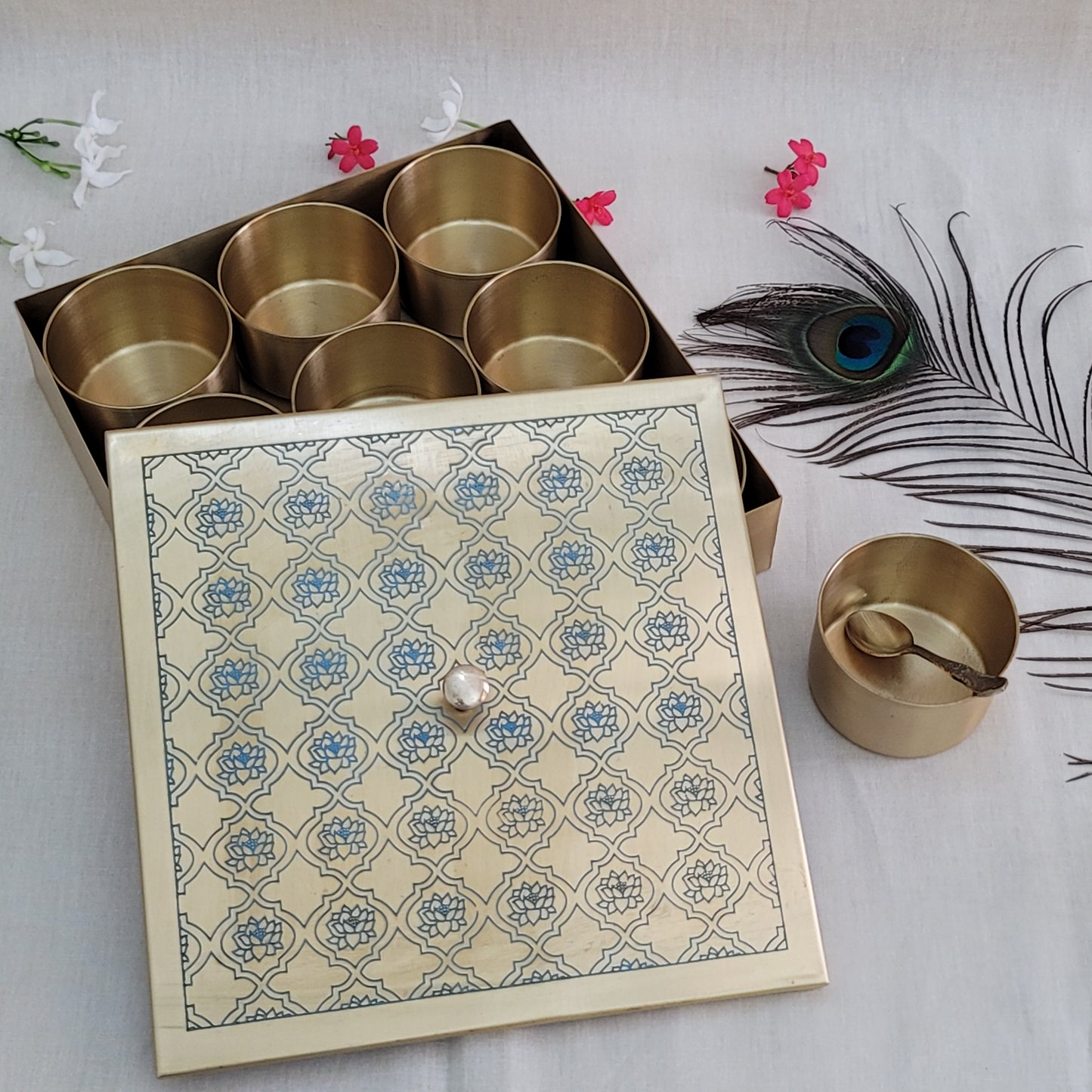 Handcrafted Brass Etched 9 Inches Square Spice Box Blue Lotus Design | 9 Removable Bowls | Handmade Antique Brass Spice Box with Spoon | Kitchen Storage