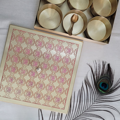 Handcrafted Brass Etched 9 Inches Square Spice Box Red Lotus Design | 9 Removable Bowls | Handmade Antique Brass Spice Box with Spoon | Kitchen Storage