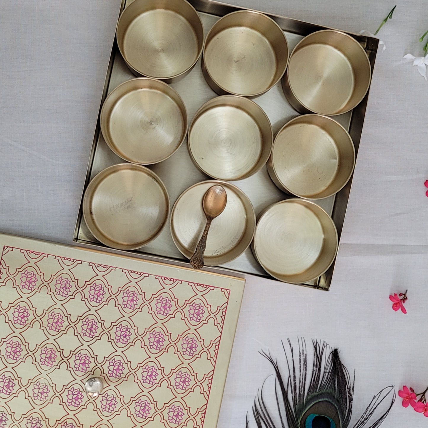 Handcrafted Brass Etched 9 Inches Square Spice Box Red Lotus Design | 9 Removable Bowls | Handmade Antique Brass Spice Box with Spoon | Kitchen Storage