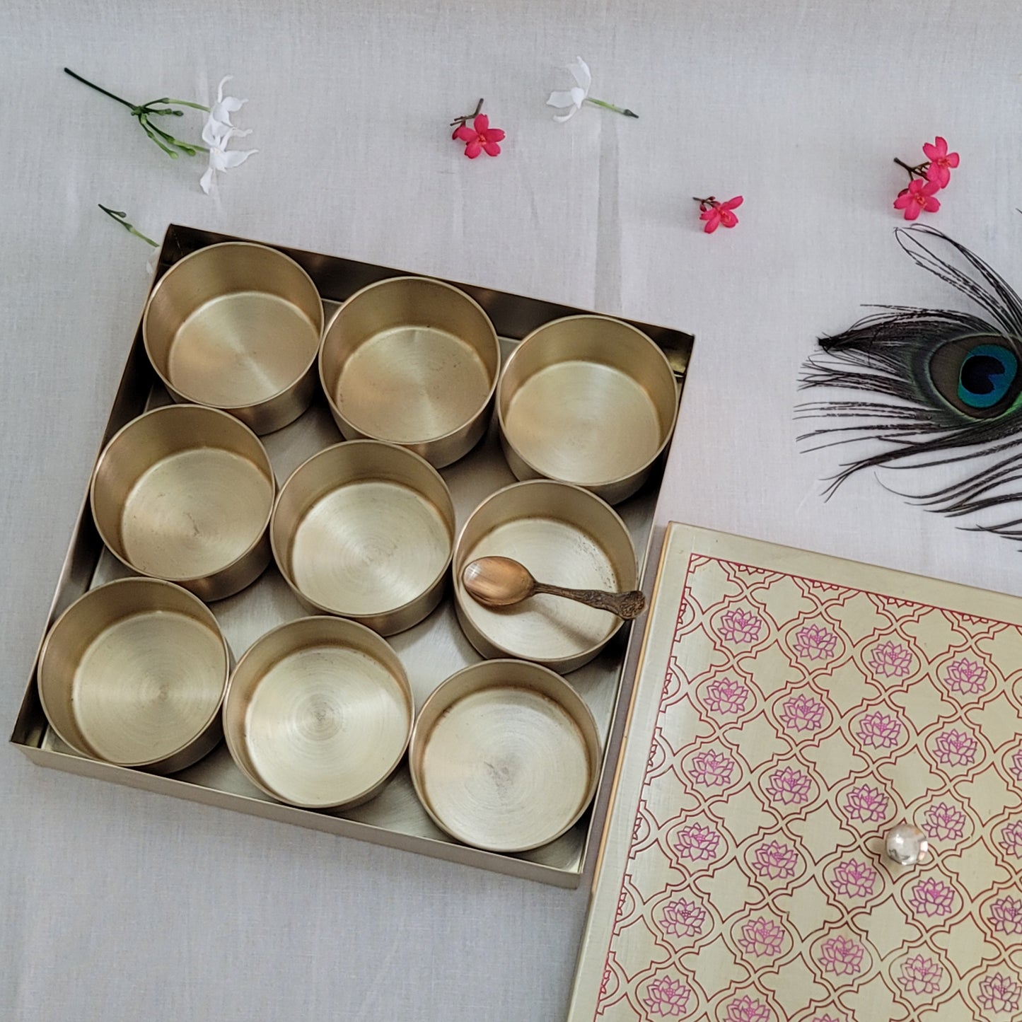 Handcrafted Brass Etched 9 Inches Square Spice Box Red Lotus Design | 9 Removable Bowls | Handmade Antique Brass Spice Box with Spoon | Kitchen Storage