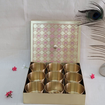 Handcrafted Brass Etched 9 Inches Square Spice Box Red Lotus Design | 9 Removable Bowls | Handmade Antique Brass Spice Box with Spoon | Kitchen Storage