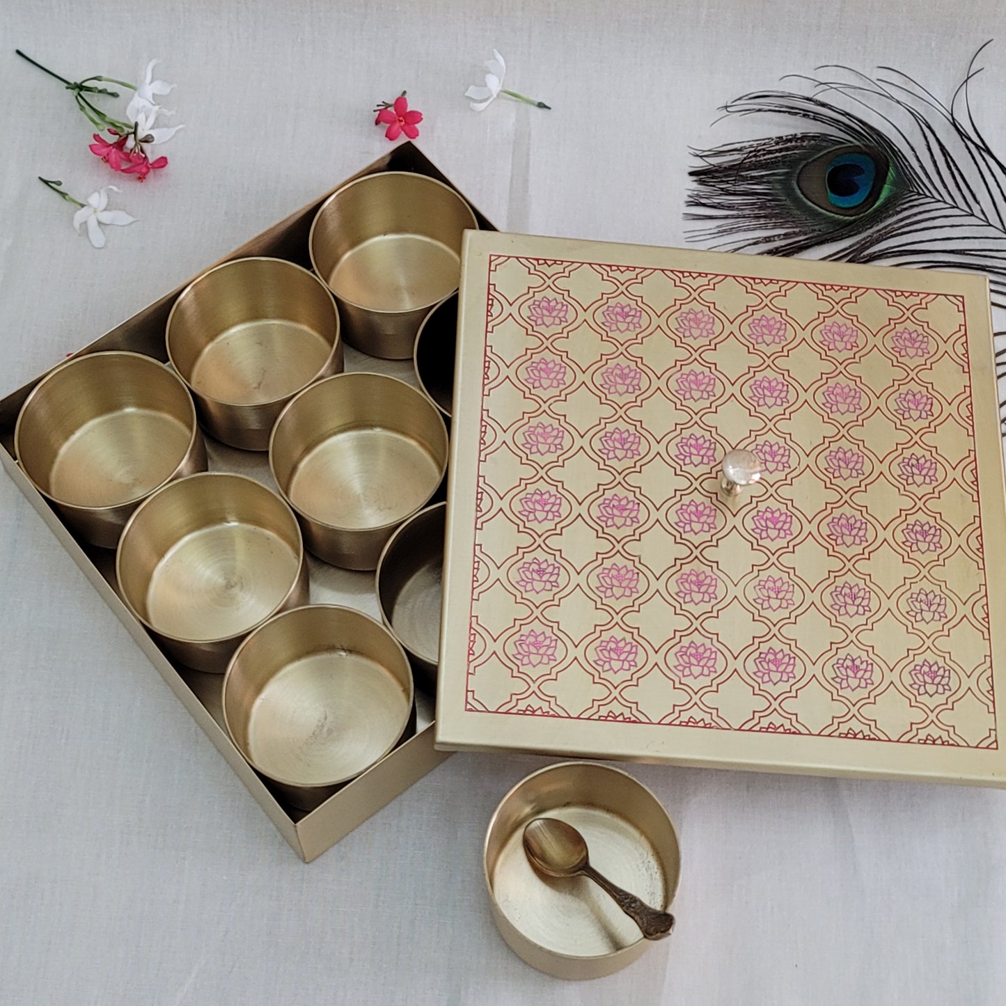 Handcrafted Brass Etched 9 Inches Square Spice Box Red Lotus Design | 9 Removable Bowls | Handmade Antique Brass Spice Box with Spoon | Kitchen Storage