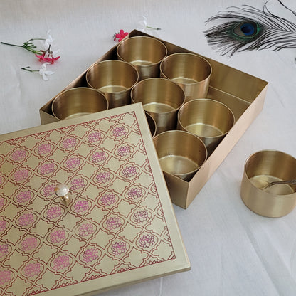 Handcrafted Brass Etched 9 Inches Square Spice Box Red Lotus Design | 9 Removable Bowls | Handmade Antique Brass Spice Box with Spoon | Kitchen Storage