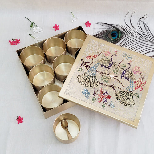 Handcrafted Brass Etched 9 Inches Square Spice Box Peacock Design | 9 Removable Bowls | Handmade Antique Brass Spice Box with Spoon | Kitchen Storage