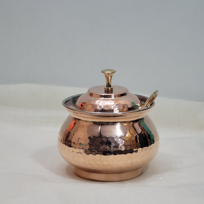 Authentic Hammered Copper Ghee Pot (Tin-Lined Kalai) with Brass Spoon | Clarified Butter Jar by SAMA Homes - Sustainable Living