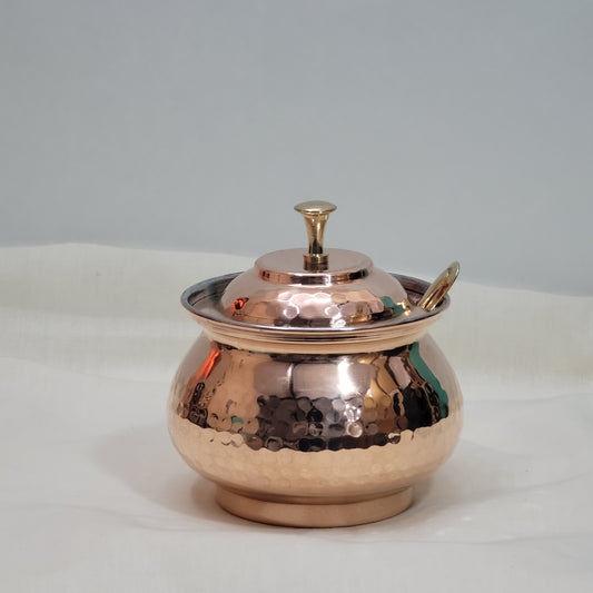 Authentic Hammered Copper Ghee Pot (Tin-Lined Kalai) with Brass Spoon | Clarified Butter Jar