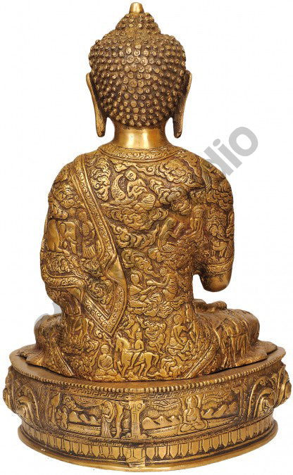 Brass Blessing Buddha with Life Story Scenes Carved on Robe Statue 15"
