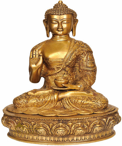 Brass Blessing Buddha with Life Story Scenes Carved on Robe Statue 15" by vendor-unknown - Buddha