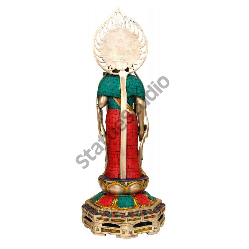 Rare Turquoise Coral Inlay Japanese Buddha Standing Exclusive Large Size 24" - Image 3