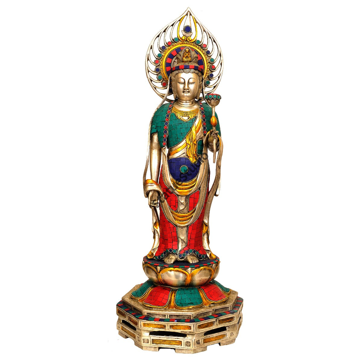 Rare Turquoise Coral Inlay Japanese Buddha Standing Exclusive Large Size 24"