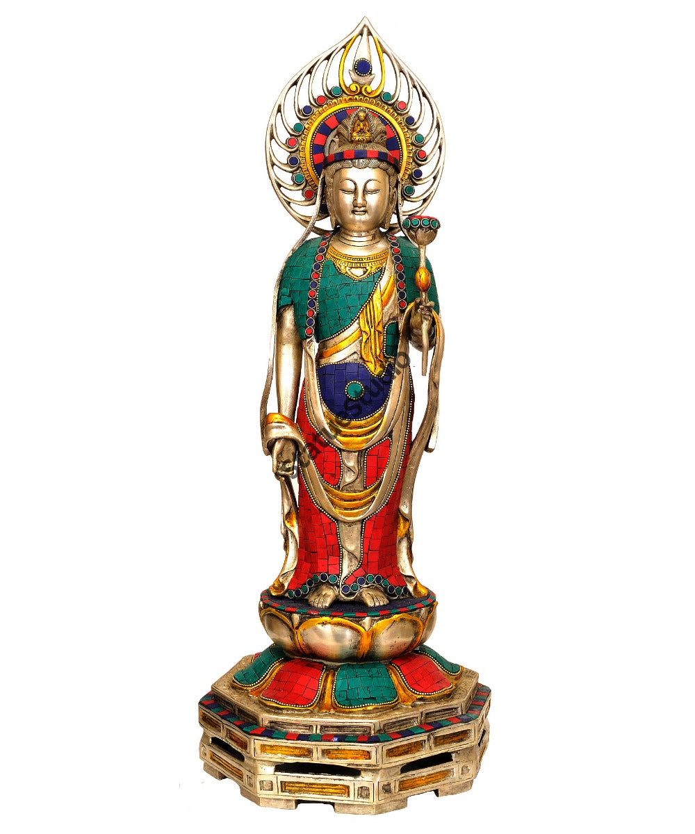 Rare Turquoise Coral Inlay Japanese Buddha Standing Exclusive Large Size 24"