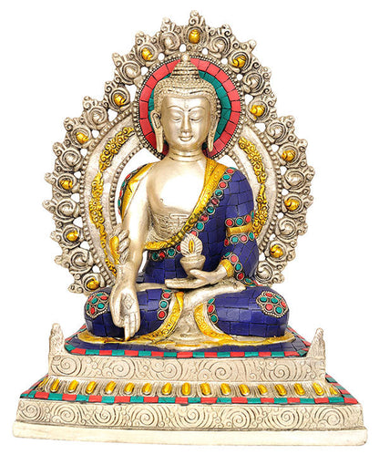 Tibetan Buddhist God Enthroned Medicine Buddha Inlay Décor Showpiece 11" by vendor-unknown - Buddha